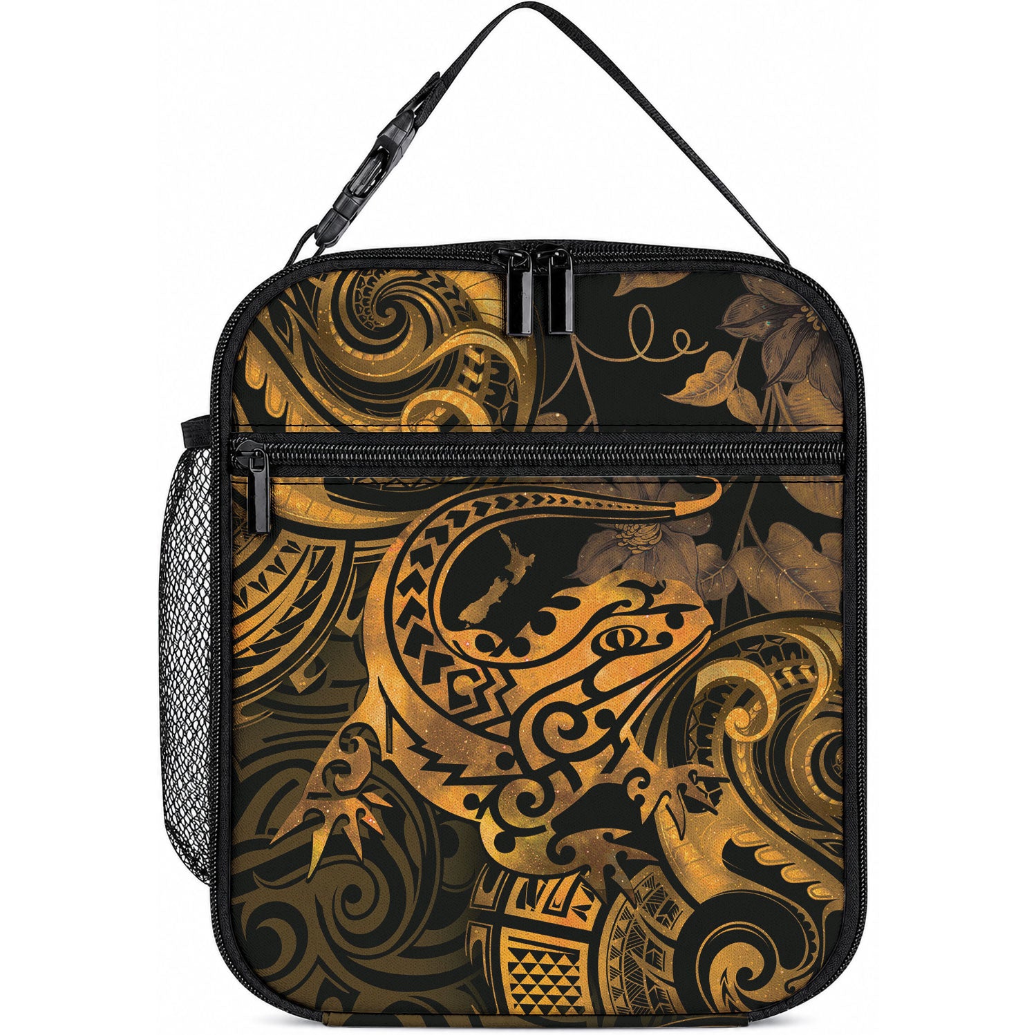 New Zealand Tuatara Lunch Bag Aotearoa Maori Clematis Flowers - Gold LT14 10.2 × 8.3 × 4.3 inch Gold - Polynesian Pride