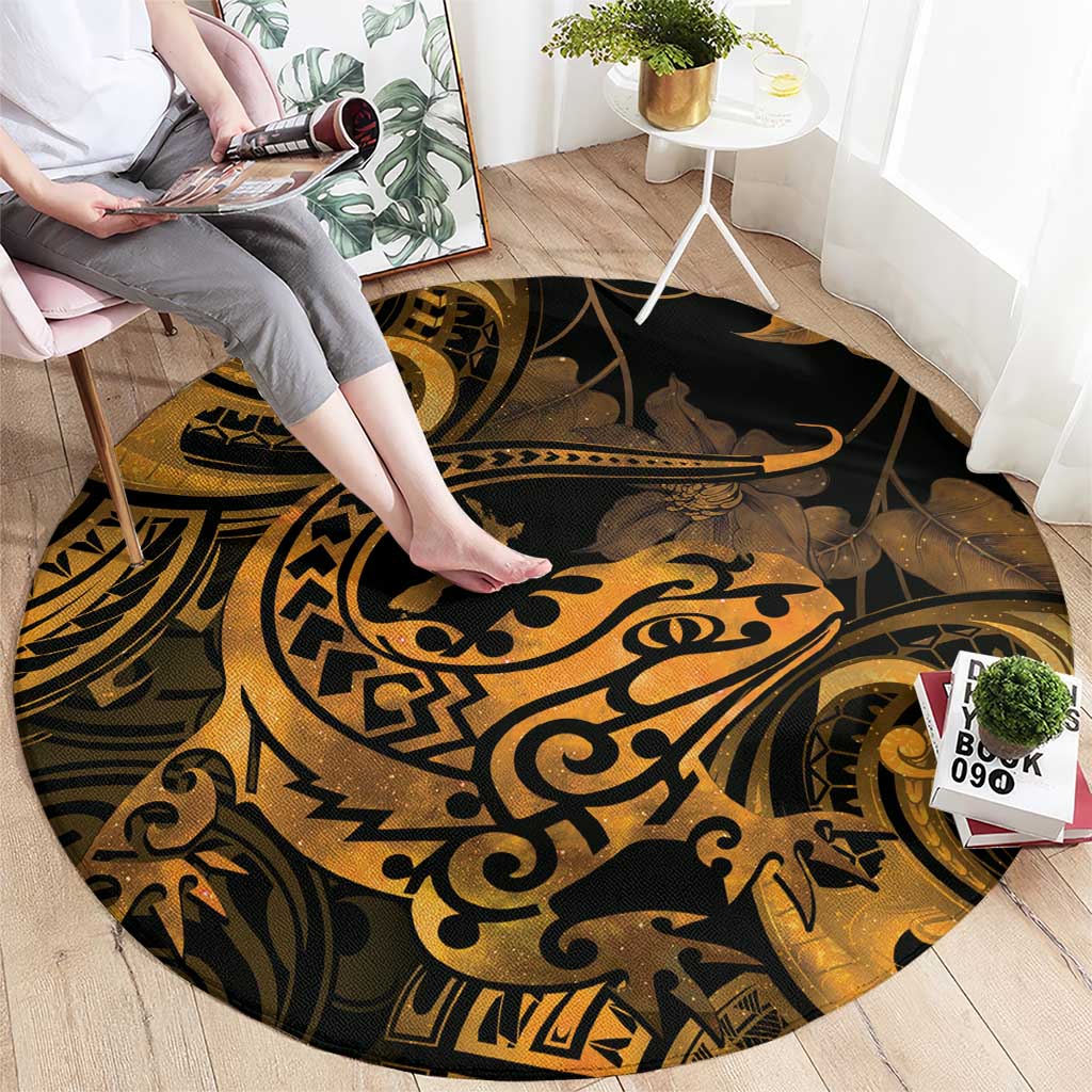 New Zealand Tuatara Round Carpet Aotearoa Maori Clematis Flowers - Gold LT14 - Polynesian Pride