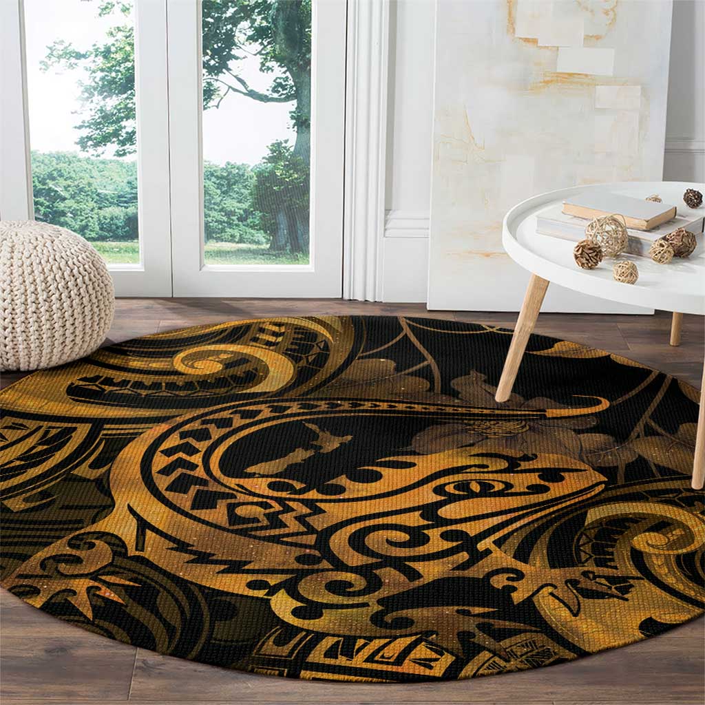 New Zealand Tuatara Round Carpet Aotearoa Maori Clematis Flowers - Gold LT14 - Polynesian Pride
