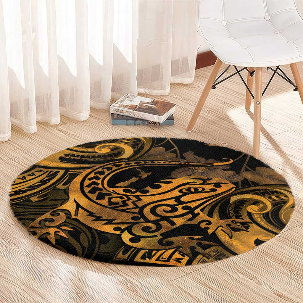 New Zealand Tuatara Round Carpet Aotearoa Maori Clematis Flowers - Gold LT14 - Polynesian Pride