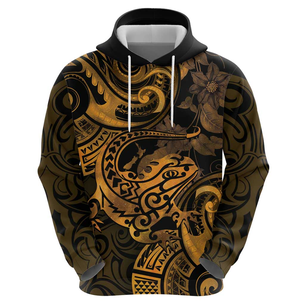 New Zealand Tuatara Zip Hoodie Aotearoa Maori Clematis Flowers - Gold