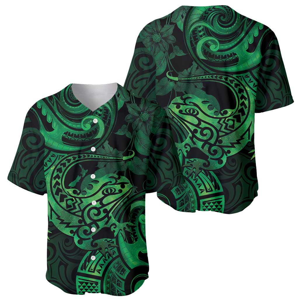New Zealand Tuatara Baseball Jersey Aotearoa Maori Clematis Flowers - Green LT14 - Polynesian Pride