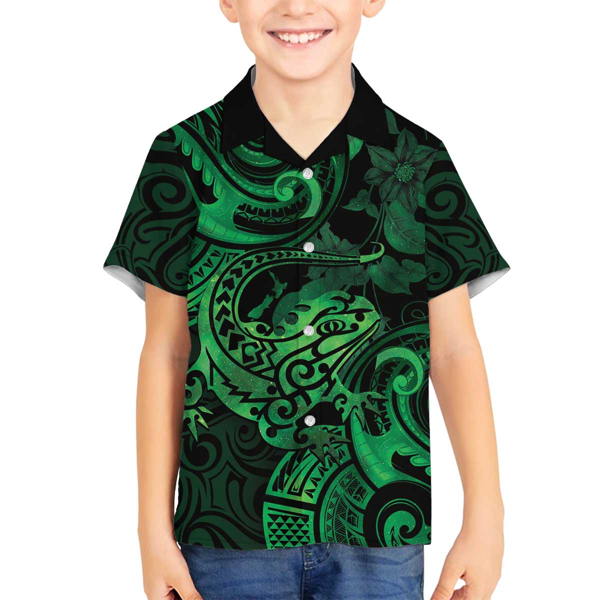 New Zealand Tuatara Family Matching Off Shoulder Short Dress and Hawaiian Shirt Aotearoa Maori Clematis Flowers - Green