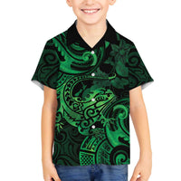 New Zealand Tuatara Family Matching Off Shoulder Short Dress and Hawaiian Shirt Aotearoa Maori Clematis Flowers - Green