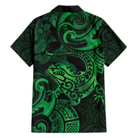 New Zealand Tuatara Family Matching Short Sleeve Bodycon Dress and Hawaiian Shirt Aotearoa Maori Clematis Flowers - Green