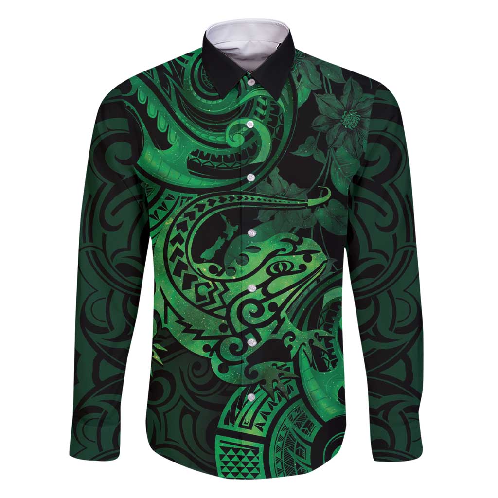 New Zealand Tuatara Family Matching Short Sleeve Bodycon Dress and Hawaiian Shirt Aotearoa Maori Clematis Flowers - Green