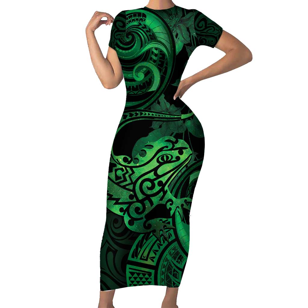 New Zealand Tuatara Family Matching Short Sleeve Bodycon Dress and Hawaiian Shirt Aotearoa Maori Clematis Flowers - Green