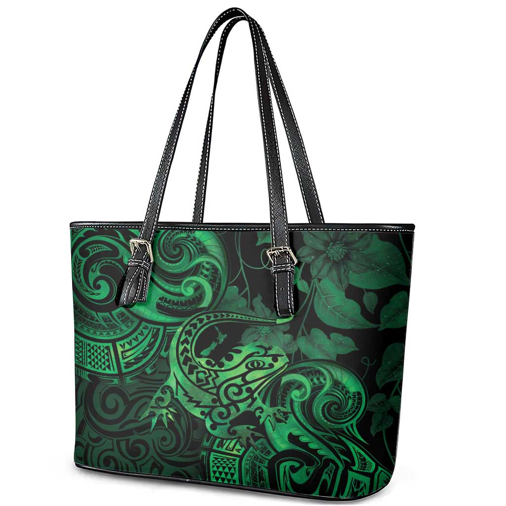 New Zealand Tuatara Leather Tote Bag Aotearoa Maori Clematis Flowers - Green