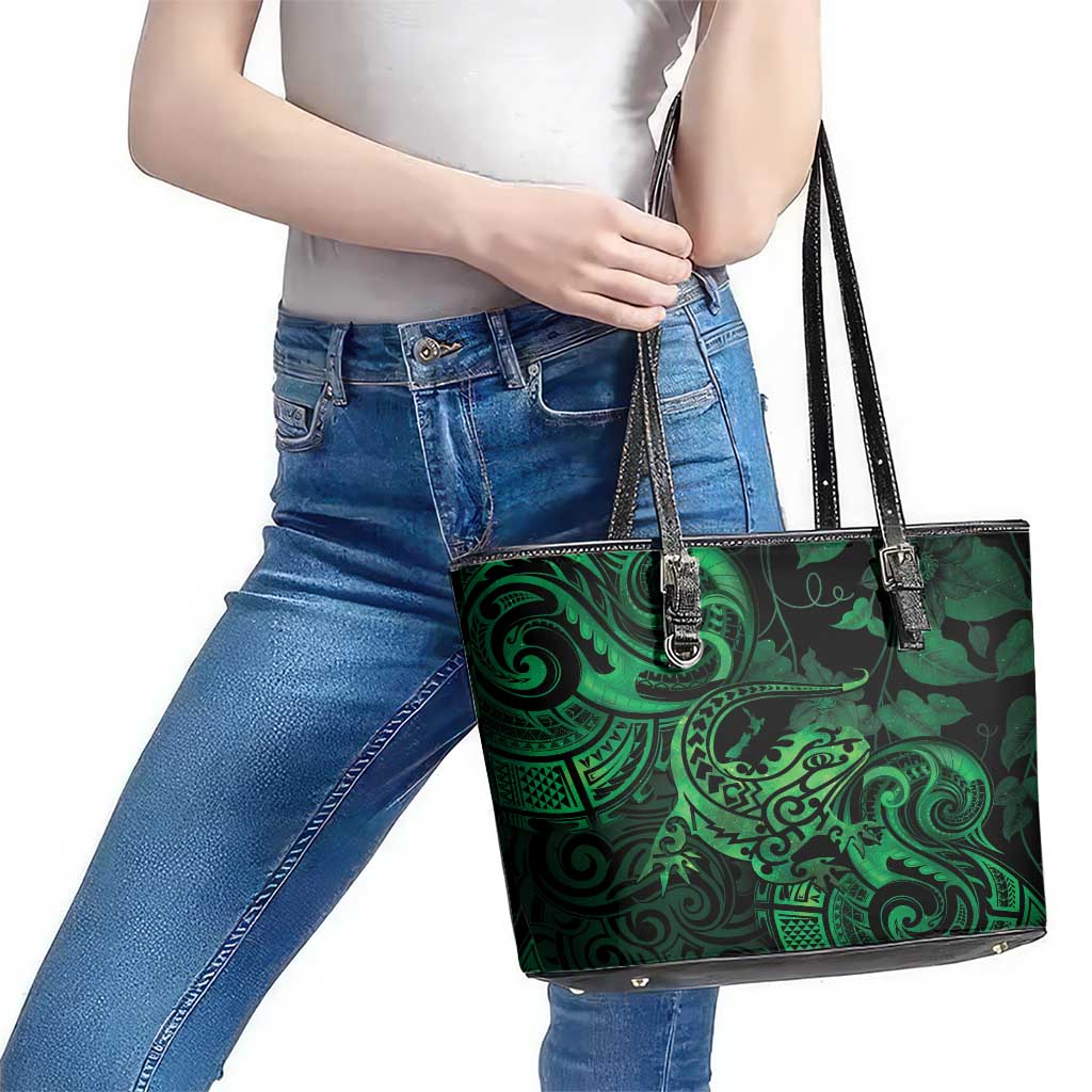 New Zealand Tuatara Leather Tote Bag Aotearoa Maori Clematis Flowers - Green