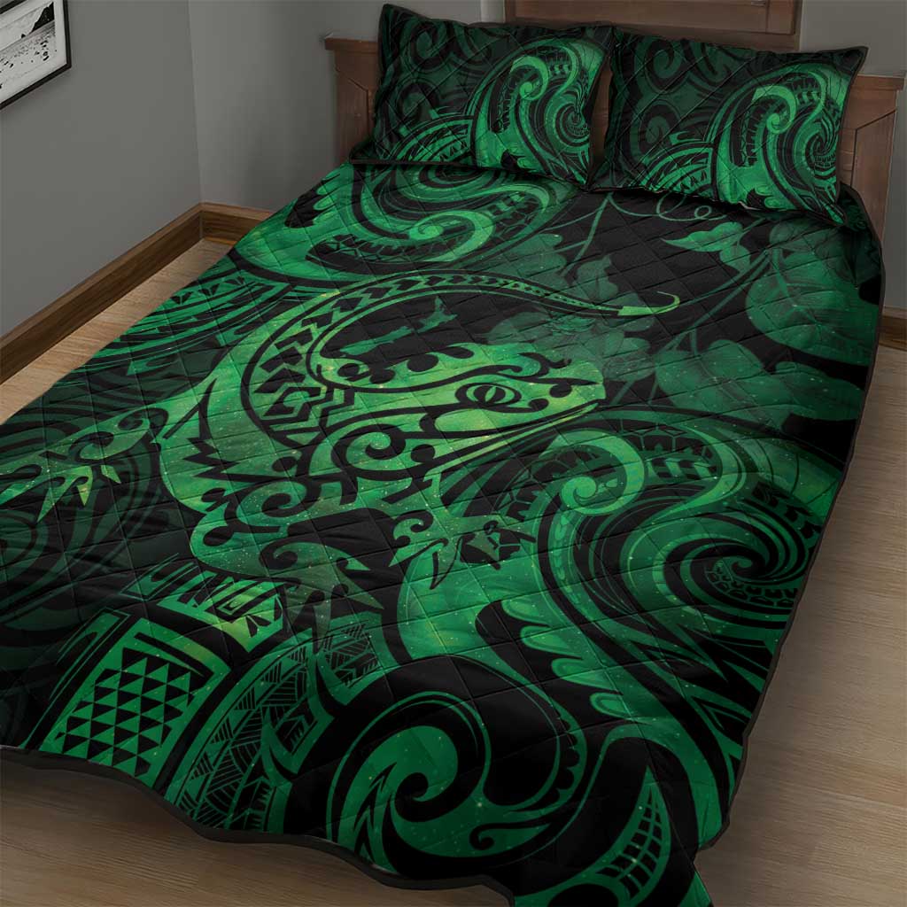 New Zealand Tuatara Quilt Bed Set Aotearoa Maori Clematis Flowers - Green