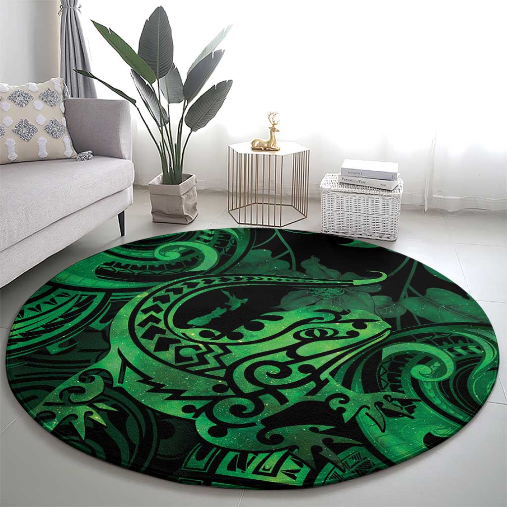 New Zealand Tuatara Round Carpet Aotearoa Maori Clematis Flowers - Green LT14 - Polynesian Pride