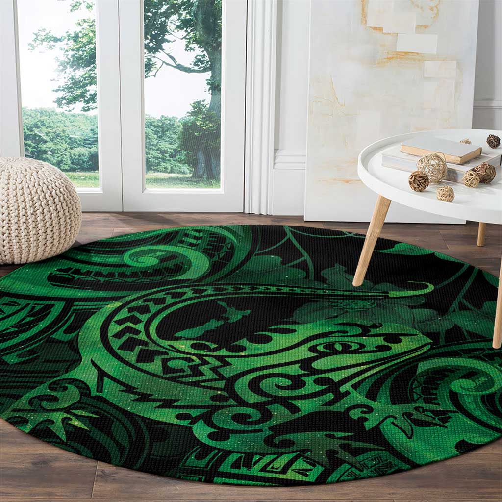 New Zealand Tuatara Round Carpet Aotearoa Maori Clematis Flowers - Green LT14 - Polynesian Pride