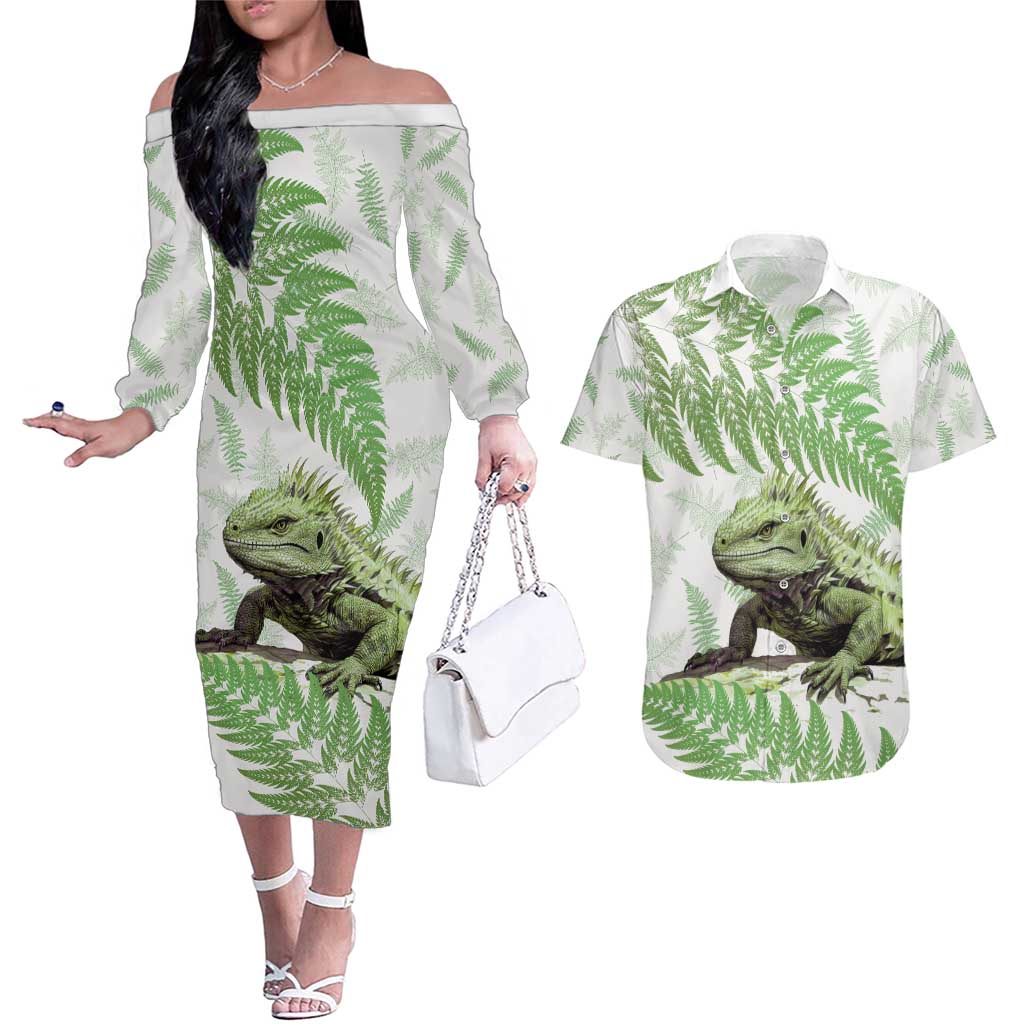 Green New Zealand Tuatara Couples Matching Off The Shoulder Long Sleeve Dress and Hawaiian Shirt Aotearoa Sphenodon Punctatus Silver Fern