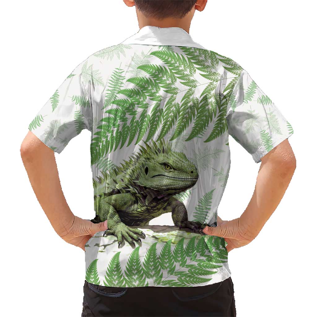Green New Zealand Tuatara Family Matching Short Sleeve Bodycon Dress and Hawaiian Shirt Aotearoa Sphenodon Punctatus Silver Fern