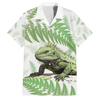 Green New Zealand Tuatara Family Matching Short Sleeve Bodycon Dress and Hawaiian Shirt Aotearoa Sphenodon Punctatus Silver Fern