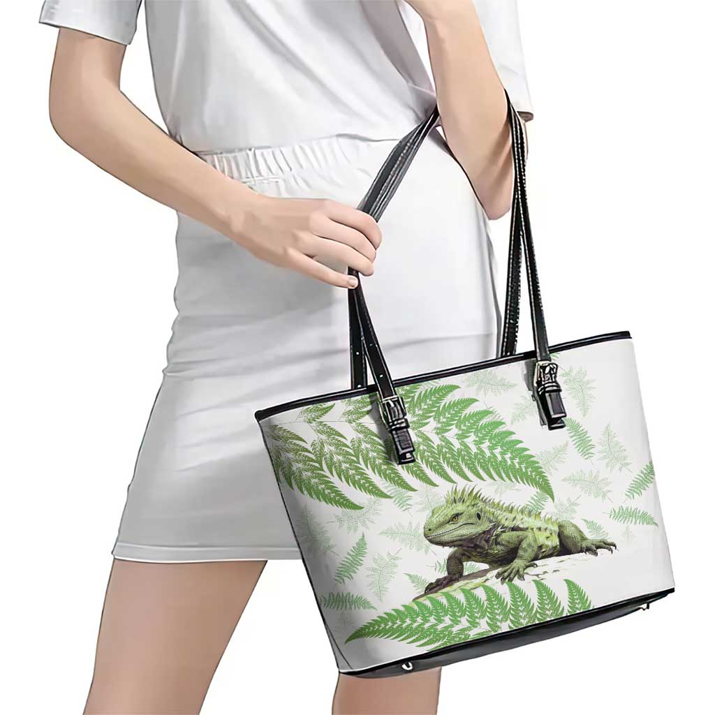 Green New Zealand Tuatara Leather Tote Bag Aotearoa Sphenodon Punctatus Silver Fern