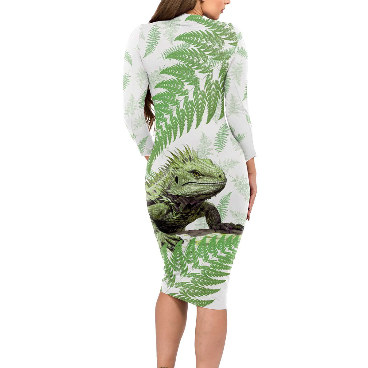 Green New Zealand Tuatara Long Sleeve Bodycon Dress Aotearoa Sphenodon Punctatus Silver Fern