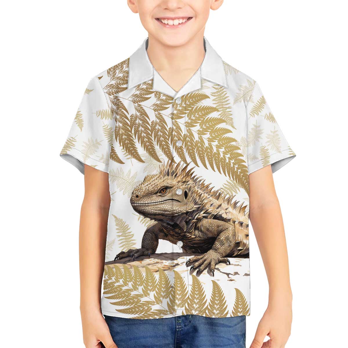 Gold New Zealand Tuatara Family Matching Off Shoulder Short Dress and Hawaiian Shirt Aotearoa Sphenodon Punctatus Silver Fern
