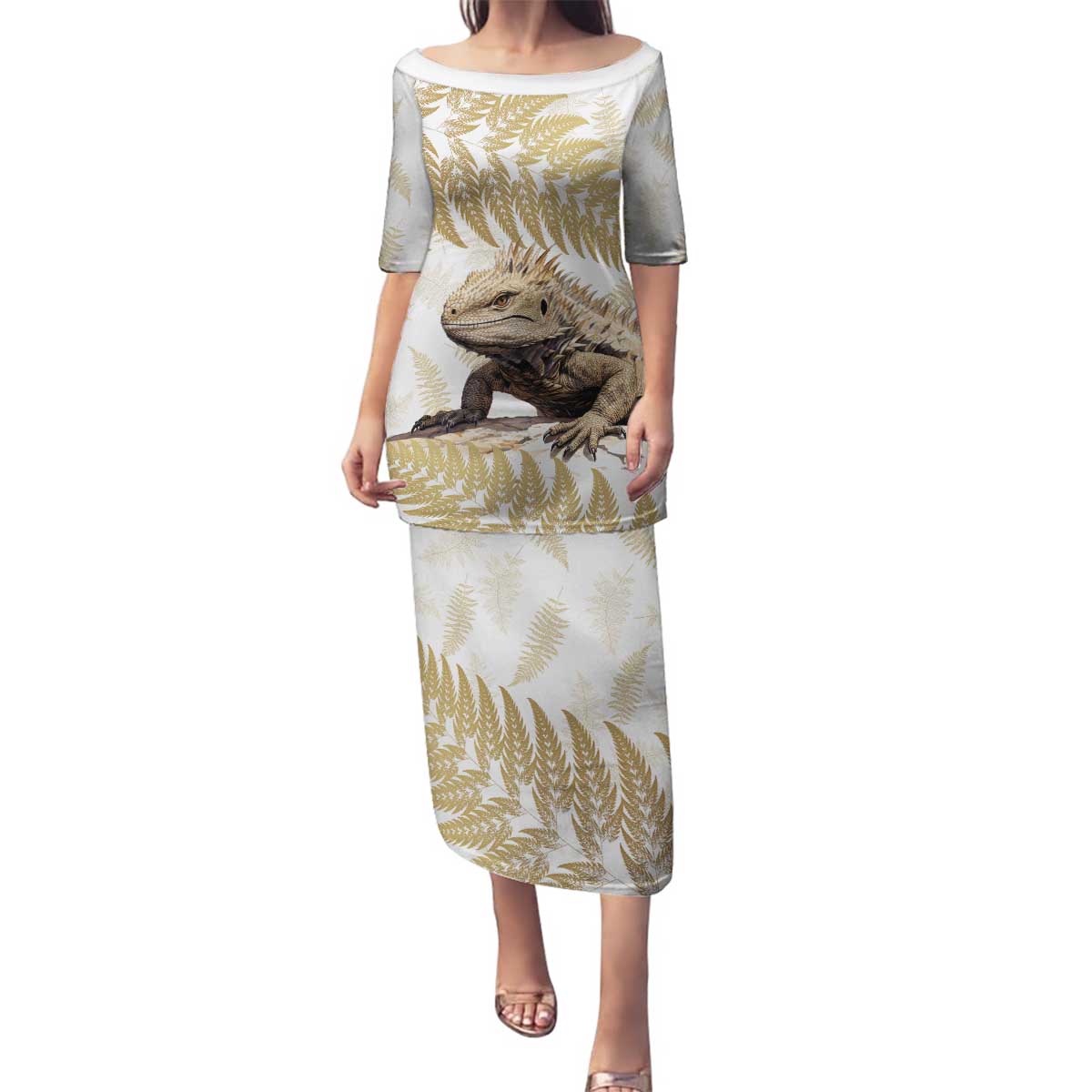 Gold New Zealand Tuatara Family Matching Puletasi and Hawaiian Shirt Aotearoa Sphenodon Punctatus Silver Fern
