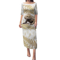 Gold New Zealand Tuatara Family Matching Puletasi and Hawaiian Shirt Aotearoa Sphenodon Punctatus Silver Fern