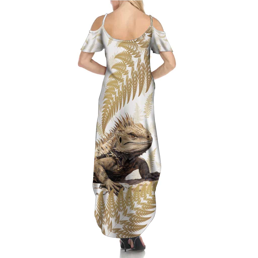 Gold New Zealand Tuatara Family Matching Summer Maxi Dress and Hawaiian Shirt Aotearoa Sphenodon Punctatus Silver Fern