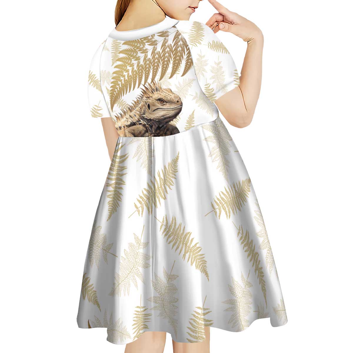 Gold New Zealand Tuatara Kid Short Sleeve Dress Aotearoa Sphenodon Punctatus Silver Fern