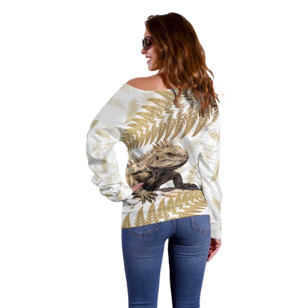 Gold New Zealand Tuatara Off Shoulder Sweater Aotearoa Sphenodon Punctatus Silver Fern