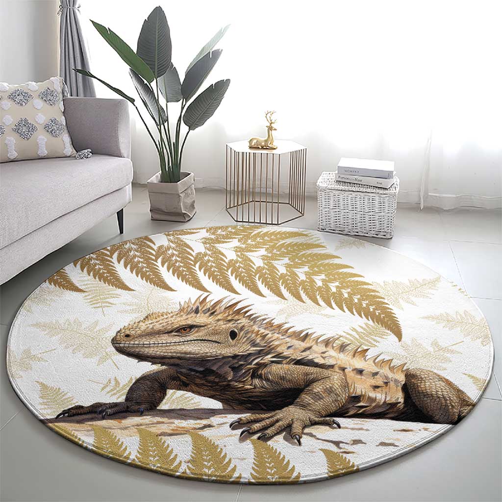 Gold New Zealand Tuatara Round Carpet Aotearoa Sphenodon Punctatus Silver Fern LT14 - Polynesian Pride