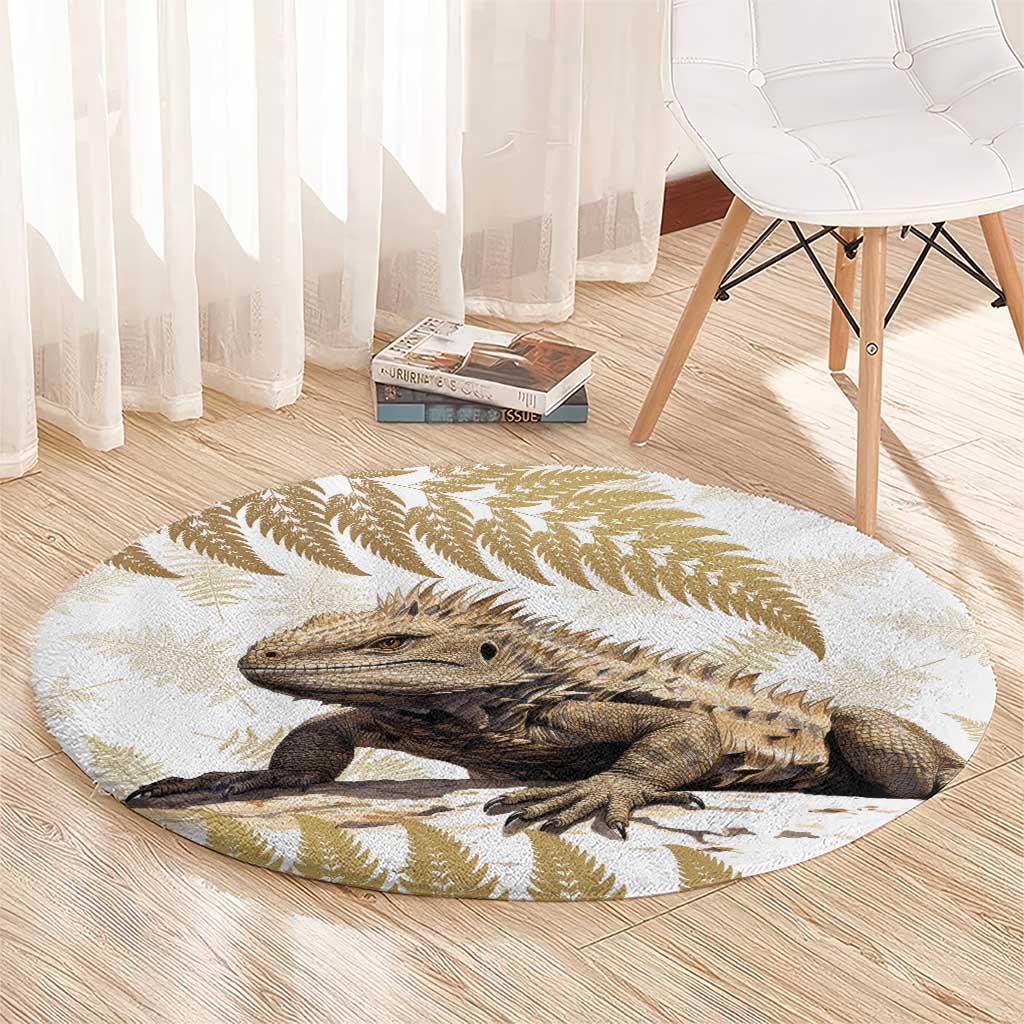 Gold New Zealand Tuatara Round Carpet Aotearoa Sphenodon Punctatus Silver Fern LT14 - Polynesian Pride