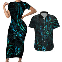 New Zealand Skink Couples Matching Short Sleeve Bodycon Dress and Hawaiian Shirt Aotearoa Maori Mix Paua Shell
