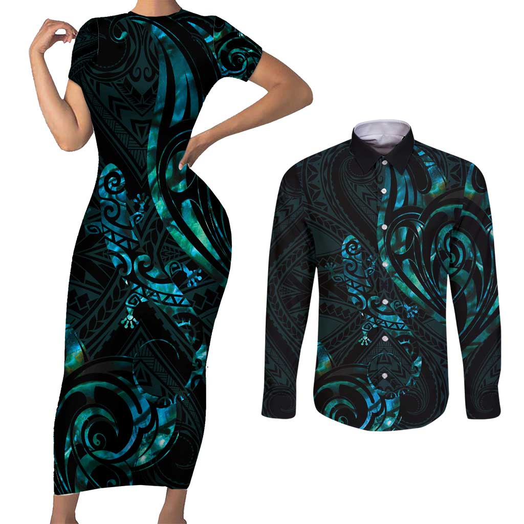 New Zealand Skink Couples Matching Short Sleeve Bodycon Dress and Long Sleeve Button Shirt Aotearoa Maori Mix Paua Shell LT14 Blue - Polynesian Pride