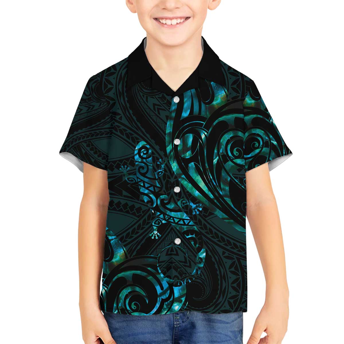 New Zealand Skink Family Matching Off Shoulder Short Dress and Hawaiian Shirt Aotearoa Maori Mix Paua Shell