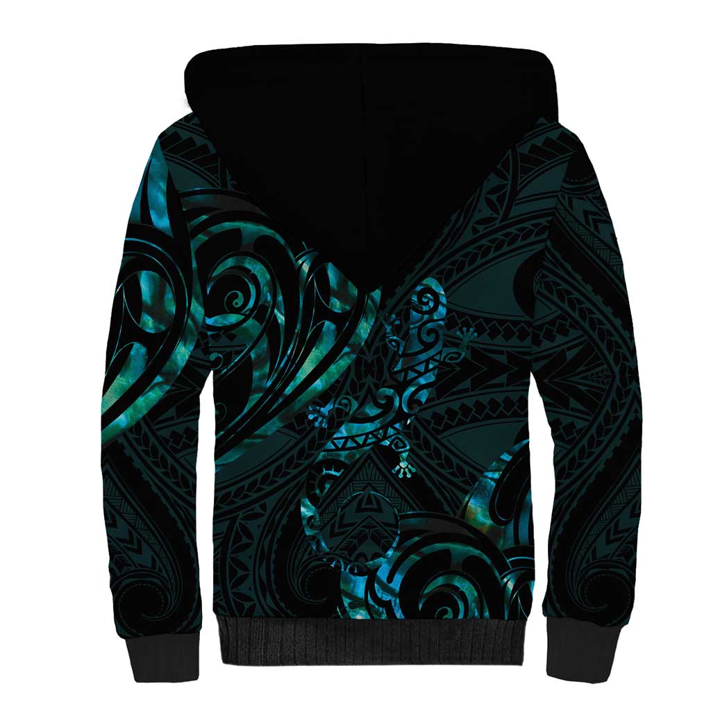New Zealand Skink Sherpa Hoodie Aotearoa Maori Mix Paua Shell