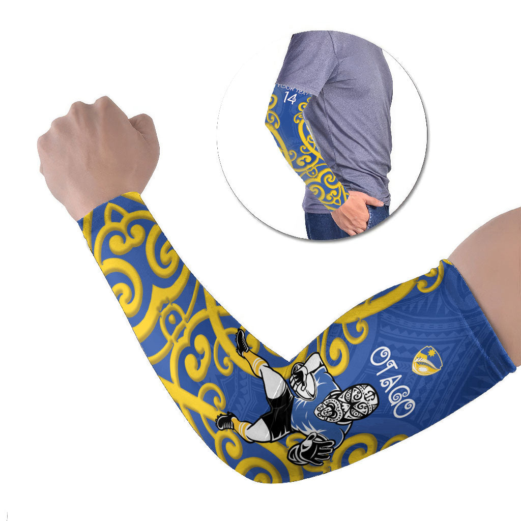 Otago Custom Rugby New Zealand Arm Sleeves Aotearoa Maori Pukana Tiki Mascot LT14 Set of 2 Blue - Polynesian Pride