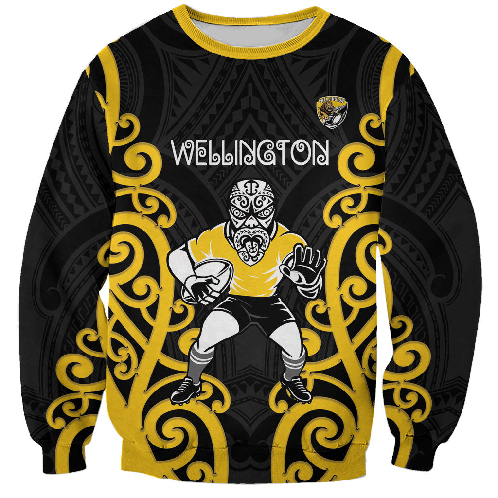 Wellington Custom Rugby New Zealand Sweatshirt Aotearoa Maori Pukana Tiki Mascot LT14 Unisex Yellow - Polynesian Pride