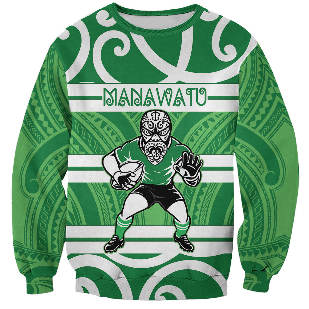 Manawatu Custom Rugby New Zealand Sweatshirt Aotearoa Maori Pukana Tiki Mascot LT14 Unisex Green - Polynesian Pride