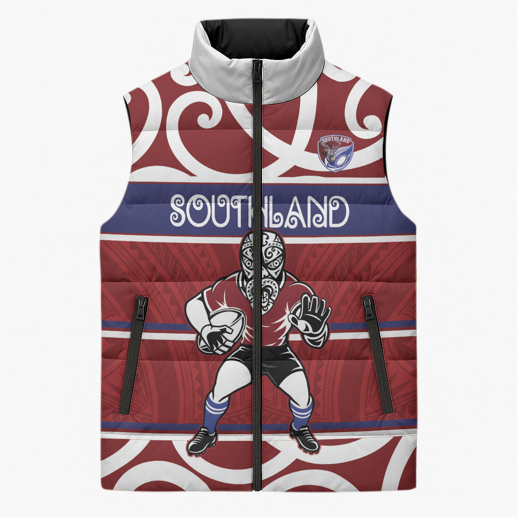 Southland Custom Rugby New Zealand Sleeveless Puffer Jacket Aotearoa Maori Pukana Tiki Mascot