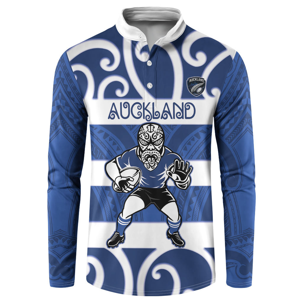 Auckland Custom Rugby New Zealand Button Sweatshirt Aotearoa Maori Pukana Tiki Mascot