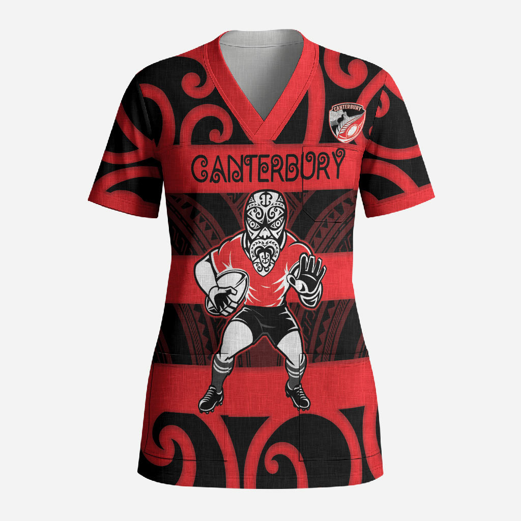 Canterbury Custom Rugby New Zealand Scrub Top Aotearoa Maori Pukana Tiki Mascot LT14 Adult Red - Polynesian Pride
