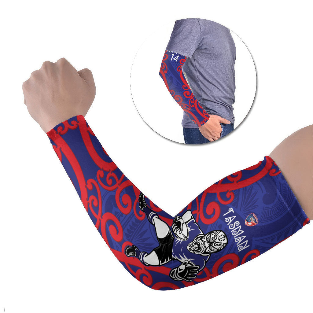 Tasman Custom Rugby New Zealand Arm Sleeves Aotearoa Maori Pukana Tiki Mascot LT14 Set of 2 Blue - Polynesian Pride