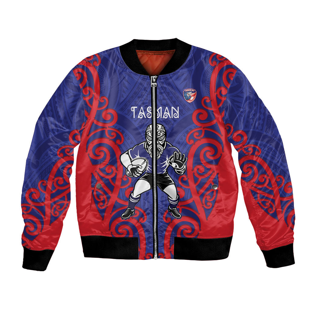 Tasman Custom Rugby New Zealand Bomber Jacket Aotearoa Maori Pukana Tiki Mascot