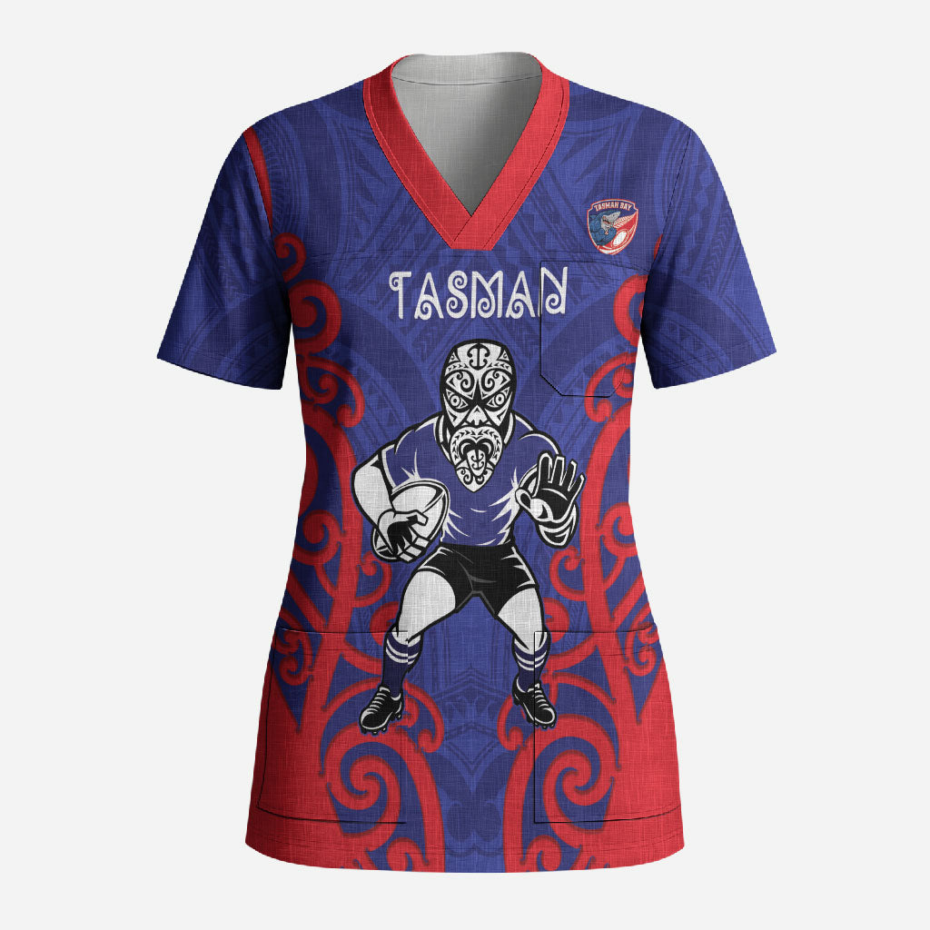 Tasman Custom Rugby New Zealand Scrub Top Aotearoa Maori Pukana Tiki Mascot LT14 Adult Blue - Polynesian Pride