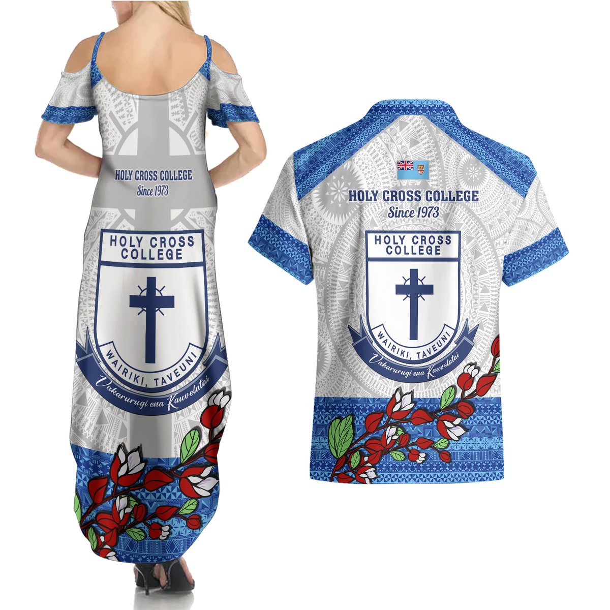 fiji-holy-cross-college-couples-matching-summer-maxi-dress-and-hawaiian-shirt-happy-50th-anniversary-fijian-tagimoucia-tapa-pattern