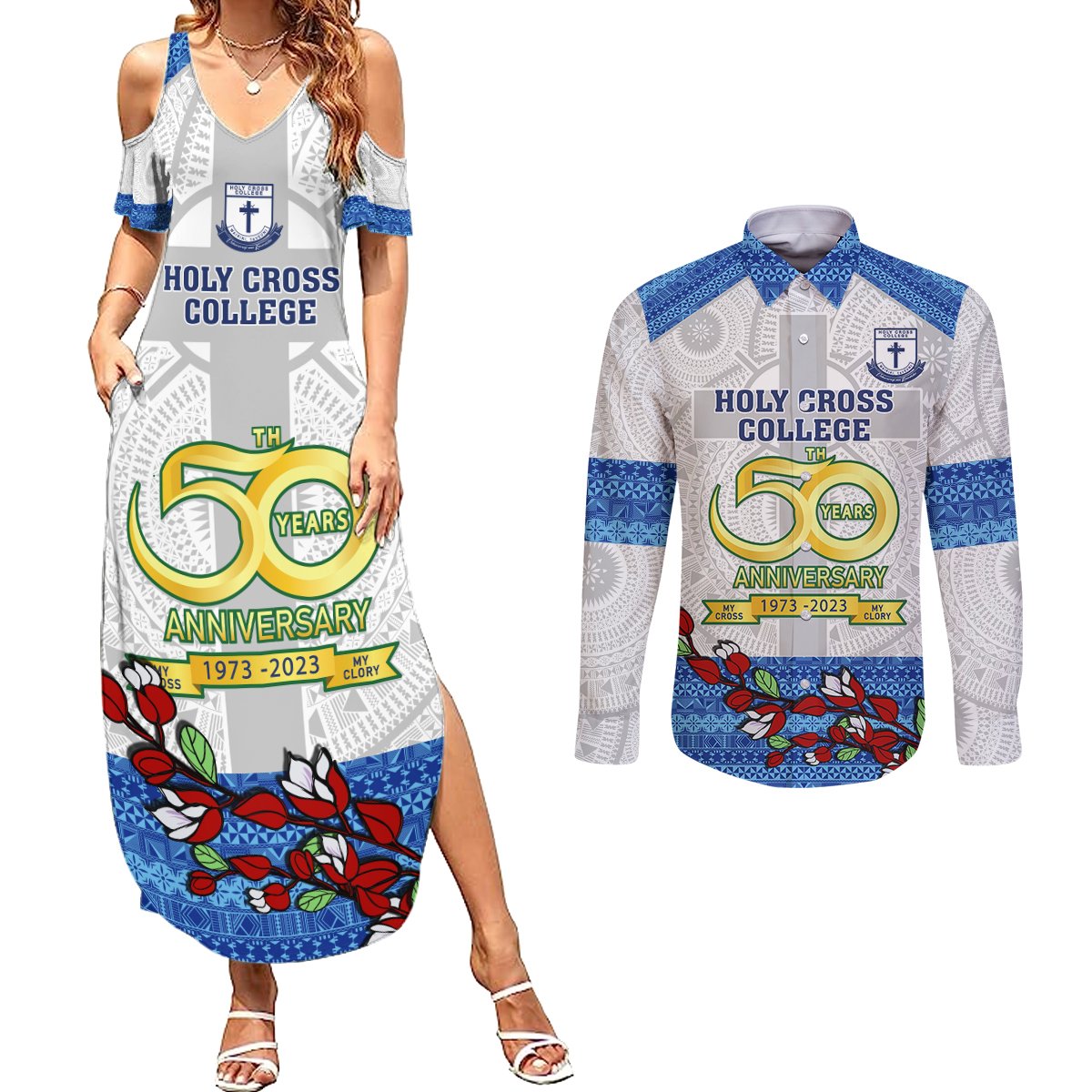 fiji-holy-cross-college-couples-matching-summer-maxi-dress-and-long-sleeve-button-shirts-happy-50th-anniversary-fijian-tagimoucia-tapa-pattern