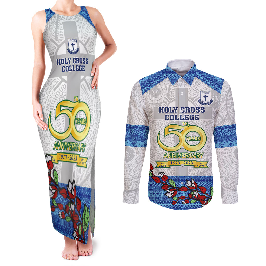 fiji-holy-cross-college-couples-matching-tank-maxi-dress-and-long-sleeve-button-shirts-happy-50th-anniversary-fijian-tagimoucia-tapa-pattern