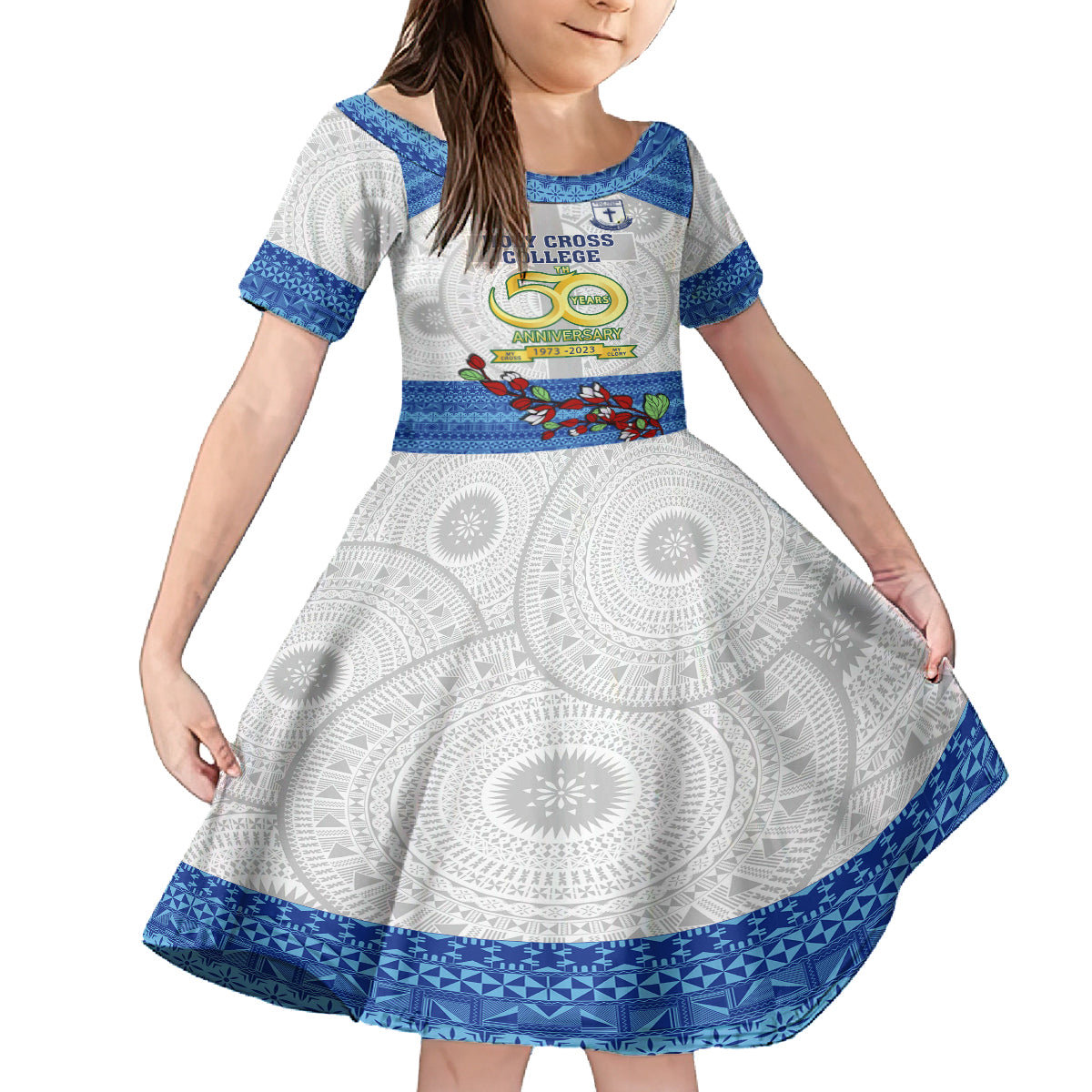 Fiji Holy Cross College Family Matching Long Sleeve Bodycon Dress and Hawaiian Shirt Happy 50th Anniversary Fijian Tagimoucia Tapa Pattern LT14 Daughter's Dress White - Polynesian Pride