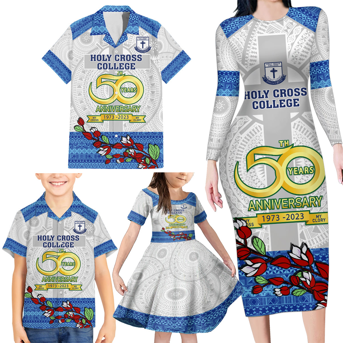 Fiji Holy Cross College Family Matching Long Sleeve Bodycon Dress and Hawaiian Shirt Happy 50th Anniversary Fijian Tagimoucia Tapa Pattern LT14 - Polynesian Pride