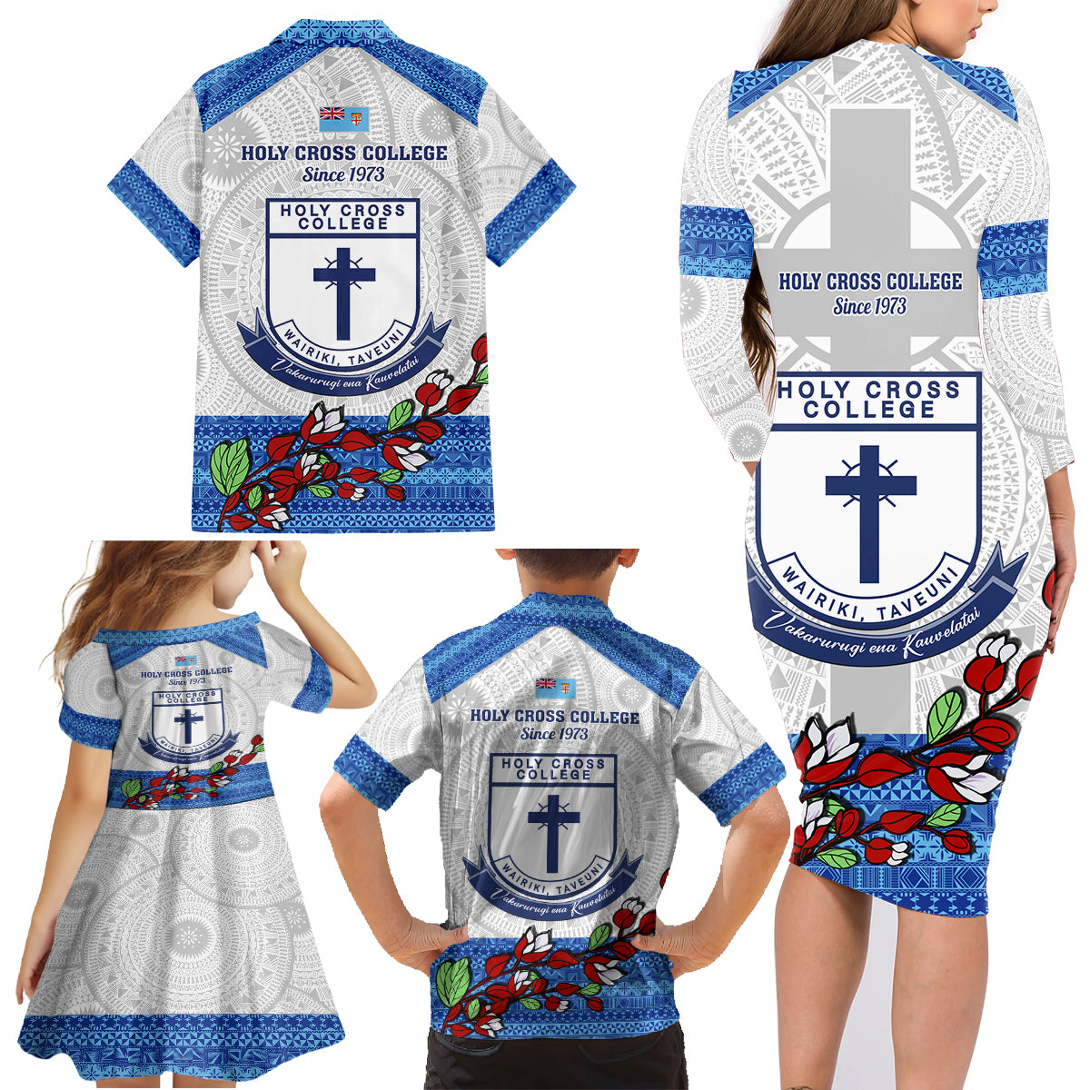 Fiji Holy Cross College Family Matching Long Sleeve Bodycon Dress and Hawaiian Shirt Happy 50th Anniversary Fijian Tagimoucia Tapa Pattern LT14 - Polynesian Pride