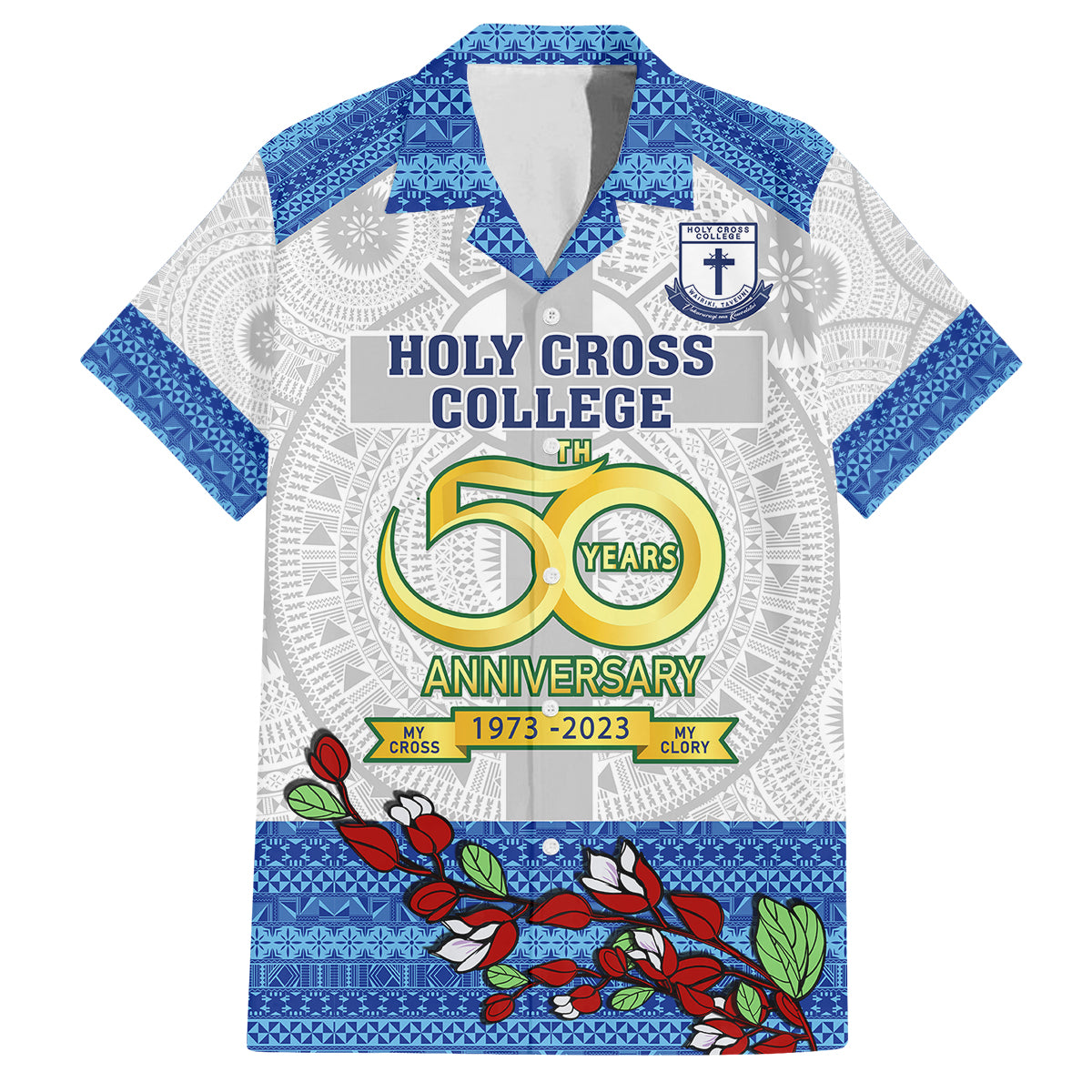 Fiji Holy Cross College Family Matching Long Sleeve Bodycon Dress and Hawaiian Shirt Happy 50th Anniversary Fijian Tagimoucia Tapa Pattern LT14 Dad's Shirt - Short Sleeve White - Polynesian Pride