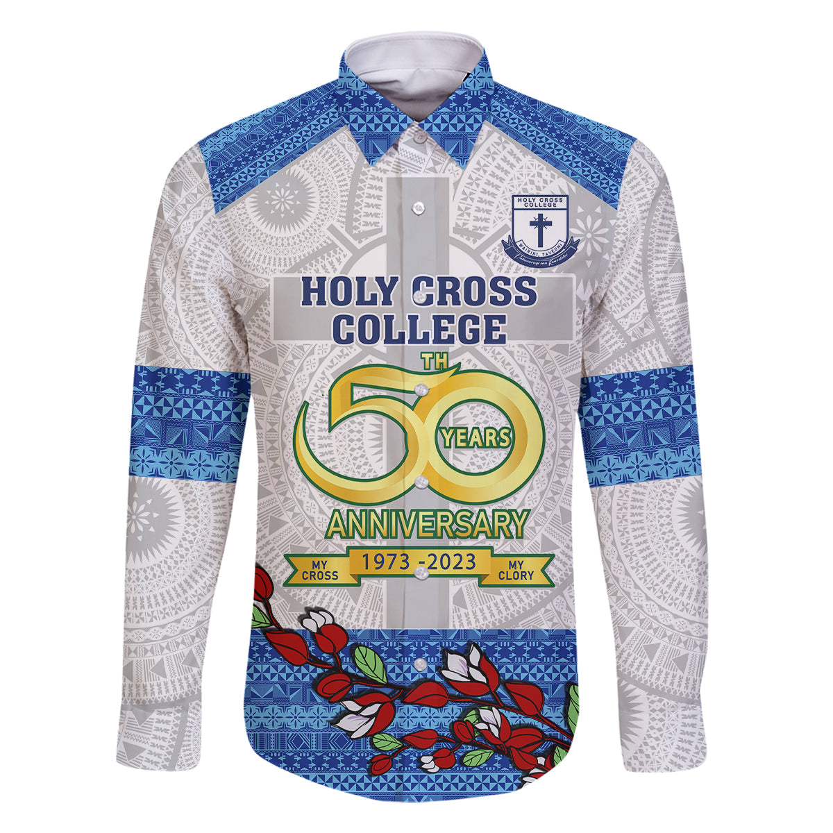 Fiji Holy Cross College Family Matching Long Sleeve Bodycon Dress and Hawaiian Shirt Happy 50th Anniversary Fijian Tagimoucia Tapa Pattern LT14 Dad's Shirt - Long Sleeve White - Polynesian Pride
